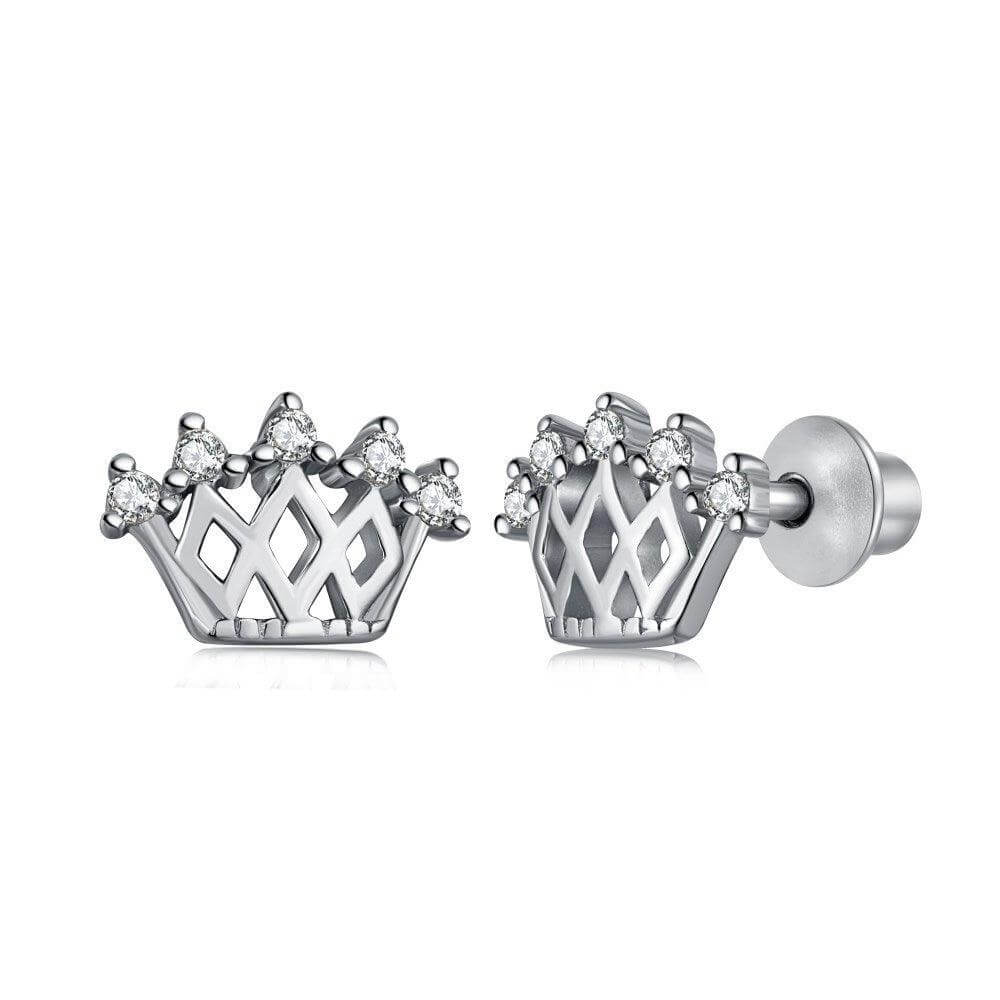 Gold Plated Clear Cubic Zirconia Princess Crown Screw Back Earrings for  Girls 