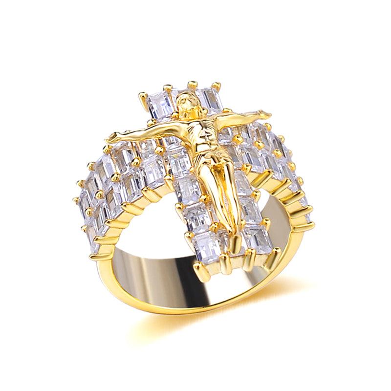 Diamond Cross Ring with Diamond Cut Starburst Sides in 10k Yellow Gold –  The Castle Jewelry